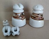 Two old soviet USSR white porcelain grooved ceramic insulators plus small porcelain bonus