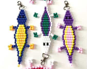 Handmade Pony Bead Crocodile Keychain, Colorful Alligator Bag Charm (8.5" Long)