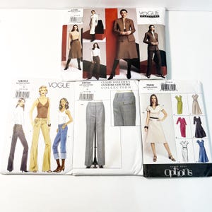 May include: A collection of Vogue sewing patterns featuring various women's fashion designs. The patterns showcase dresses, skirts, pants, and jackets. The covers display illustrations of the finished garments, with a focus on classic and contemporary styles.