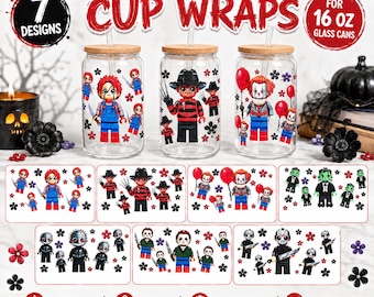 Horror UV DTF Cup Wrap for 16 oz Glass Can, Spooky Character Tumbler Transfer