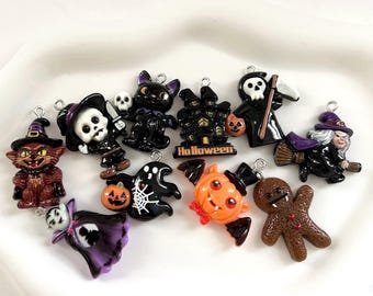 Halloween Resin Charms Set, Spooky Witch Ghost Black Cat Craft Supplies