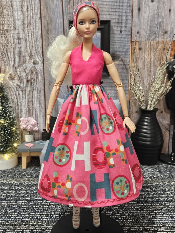 Handcrafted Christmas Halter Doll Dress w/ Headband: Fits 11.5" and 12"