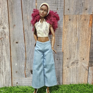 Handmade Doll Clothes: Floral Halter Top, Flare Jeans & Headband for tall dolls