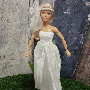 White sateen Wedding dress with matching veil.  Handmade for 11 1/2&quot; dolls like Barbie