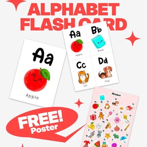 Cartões de memória ABC para crianças - 26 brinquedos educativos Montessori para pré-escola com cartas digitais desenhadas à mão e pôster grátis para impressão instantânea