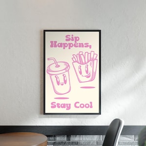Retro Soda Kitchen Wall Art Printable - „Sip Happens” Zabawny cytat o napoju Letnia dekoracja Natychmiastowe pobranie