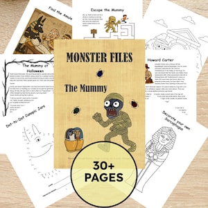 Peut inclure: Ensemble de pages d'activités pour enfants sur le thème de la momie. La page centrale présente une illustration de momie avec le texte "MONSTER FILES The Mummy". D'autres pages incluent des coloriages, des points à relier et du texte comme "Find the Amulet" et "30+ PAGES".