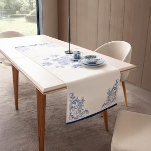 Blue Floral Cotton Linen Table Runner – 18&quot;x55&quot; | Elegant Tassel Edge | French Table Decor | Reusable & Washable | Farmhouse | Gift for Her