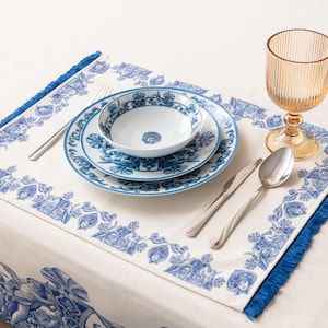 Set of 2 / 4 / 6 / 12 Blue Cotton Linen Placemats with Fringes | 14"x20" (35*50 Cm) | Elegant Wedding | Farmhouse Style | Gift for Her