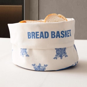 Blue Baroque Bread Basket | 8&quot;x5&quot; | Cotton Linen Table Basket | Foldable Fabric Storage | Farmhouse Kitchen Decor | French Country Style