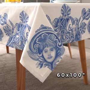 Blue White Cotton Linen French Tablecloth, Dining Table Cover, Washable & Reusable, Kitchen, Dining Room, Wedding