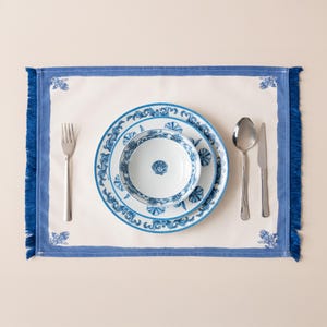 Set of Blue Floral Cotton Linen Placemats with Fringes – Set of 2, 4, 6, or 12 | 14"x20" (35×50 cm) | Elegant Dining Table Decor