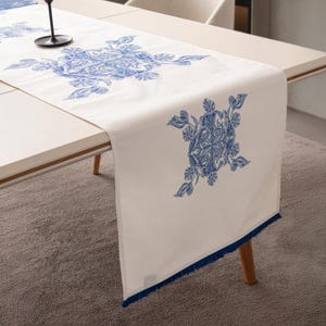 French Blue Floral Cotton Linen Table Runner – 18&quot;x 55&quot; | Elegant Dining Table Decor |Reusable & Washable | Dining Room Decor | Gift for Her