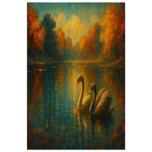 Herbst Fluss Schwäne Friedliche Herbst Fluss Schwäne - impressionistische Natur Malerei für Herbst Wohnkultur matt Papier Poster in Museumsqualität