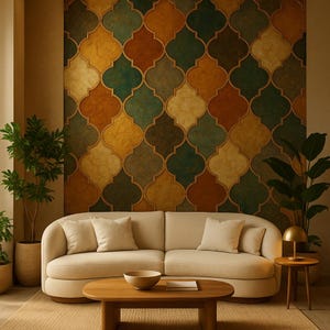 Motif vrai - Décoration murale marocaine en carreaux d'or | Bleu sarcelle rouille et impression géométrique de luxe