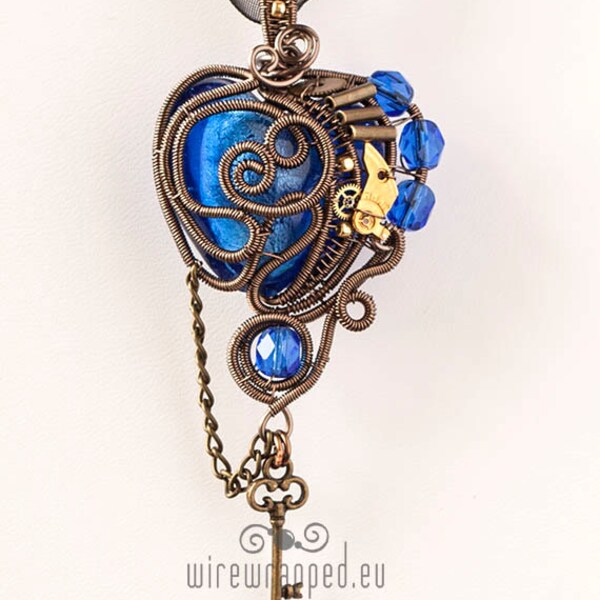 OOAK Dark blue steampunk heart pendant with key