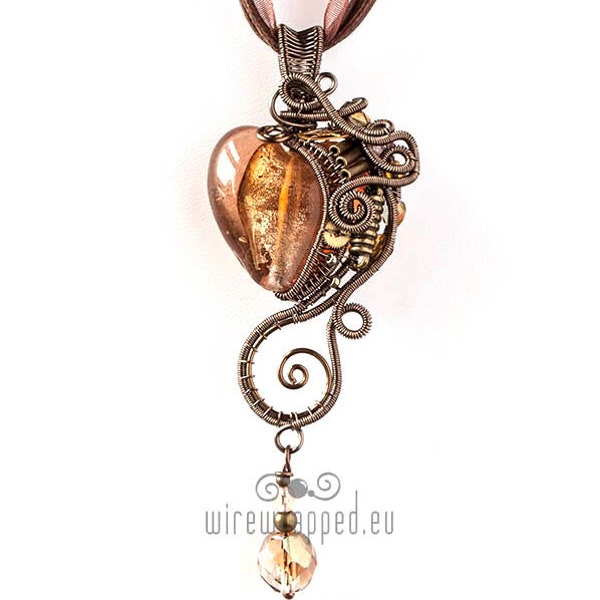 OOAK Brown steampunk wire wrapped heart pendant
