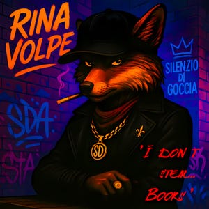 Könnte beinhalten: Eine digitale Illustration eines Fuchses, der eine schwarze Lederjacke, eine goldene Kette mit einem Anhänger und eine schwarze Baseballkappe trägt. Der Fuchs hat einen ernsten Ausdruck und hält eine Zigarette im Maul. Der Hintergrund ist eine Backsteinmauer mit Graffiti, auf der "SDA" und "STA" steht. Der Text "RINA VOLPE" ist in großen, fetten Buchstaben oben im Bild geschrieben. Der Text "SILENZIO DI GOCCIA" ist in kleineren Buchstaben auf der rechten Seite des Bildes geschrieben. Der Text "'I DON'T STEAL BOOKS'" ist in roten Buchstaben unten im Bild geschrieben.