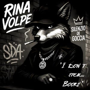 Könnte beinhalten: Eine Schwarzweißillustration eines Fuchses, der eine schwarze Lederjacke, eine schwarze Baseballkappe und eine goldene Kette mit einem Anhänger trägt. Der Fuchs hält eine Zigarette im Maul und hat einen ernsten Gesichtsausdruck. Der Hintergrund ist eine Backsteinmauer mit Graffiti, auf der "SDA" und "SILENZIO DI GOCCIA" steht. Der Text "I DON'T STEAL... BOOKS" steht unter dem Fuchs.