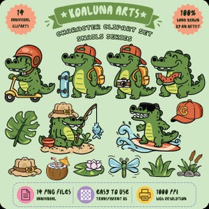 May include: A digital clipart set titled Koaluna Arts Character Clipart Set Snails Series featuring 14 hand-drawn green crocodile characters in various activities like riding a scooter, skateboarding, fishing, and surfing, plus accessories.