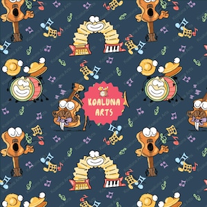 May include: A dark blue seamless pattern featuring cartoon musical instruments including guitars, accordions, and drums with wide eyes and smiling faces. Colourful musical notes are scattered throughout, and a pink scalloped logo reads KOALUNA ARTS.