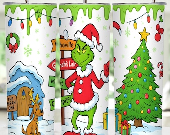 クリスマスグリーンガイ 20オンス タンブラーラップ PNG、クリスマス映画のフレンズ 20オンス タンブラー PNG、90年代映画のクリスマスキャラクター 20オンス タンブラーデザイン