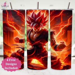 Anime Warrior Fire Power Tumbler Wrap | 20oz Skinny Tumbler Sublimation Design PNG | Dragon Ball Z, Super Saiyan Goku Art | Digital Download