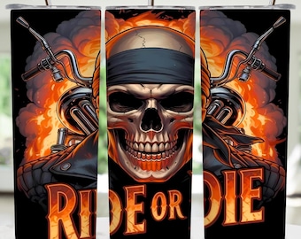 Ride or Die タンブラーラップ、20オンス スキニータンブラー昇華デザイン、モーターサイクルタンブラーラップ、バイカースカルフレイム PNG、デジタルダウンロード