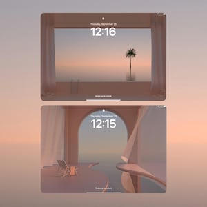 May include: Two digital device screens showing a tranquil, pastel-toned scene with a palm tree, pool, and beach chair. The time is displayed as 12:16 and 12:15, with the date Thursday, September 25.