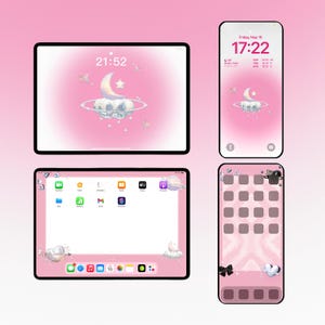 May include: A collection of digital devices, including a tablet and smartphone, displaying a pink aesthetic. The screens feature a celestial theme with a moon, stars, and butterflies. The tablet shows the time 21:52, while the phone displays 17:22.