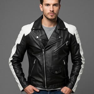 Men&#39;s Black Sheepskin Leather Biker Jacket - White Panel Retro Moto