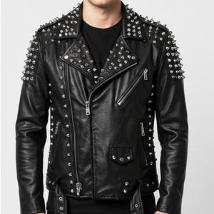 Men&#39;s Studded Punk Rock Sheepskin Leather Biker Jacket