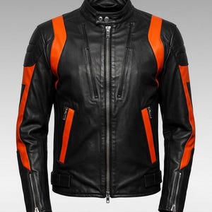 Men’s Black Leather jacket with Orange design – Sheepskin Real Leather Racing Style – Motorcycle Outerwear jacket–Moto Jacket Rider Style