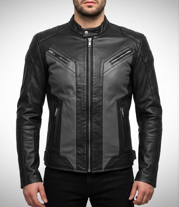 Zweifarbige Moto-Lederjacke aus schwarzem und grauem Leder: Slim