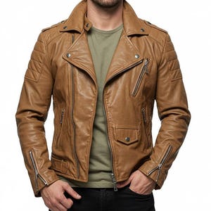 Blouson motard en cuir marron clair pour hommes - Blouson moto en cuir véritable avec détails de fermeture à glissière | 100 % cuir de mouton véritable| Moto de course, motard