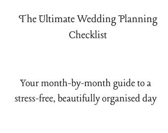 May include: A wedding planning checklist with gold rings, a heart-shaped logo, and a pink clipboard. The text reads "The Ultimate Wedding Planning Checklist" and "Your month-by-month guide to a stress-free, beautifully organized day."