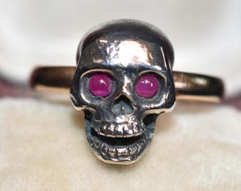 Antique Gold Memento Mori Skull Ring, Silver & Ruby Cabochon