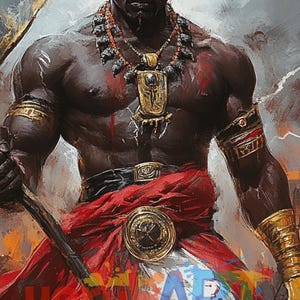 May include: A muscular, dark-skinned warrior with a fierce expression. He is wearing a red loincloth, gold jewelry, and a black leather belt. He is holding a large, sharp weapon in his right hand.