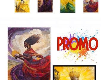 May include: An image with the word "PACK" in red block letters at the top. Below are four small paintings of figures in traditional attire. The word "PROMO" is in red with colorful paint splatters. The bottom has the text "yorubART" in colorful letters.