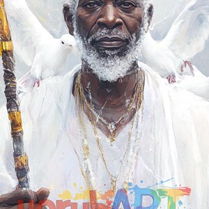 Può includere: Ritratto d'arte digitale di un uomo nero anziano con corona e vesti bianche, che tiene un bastone. Due colombe bianche sono appollaiate sulle sue spalle. L'immagine ha il testo "Yoruba ART" nell'angolo in basso a destra.