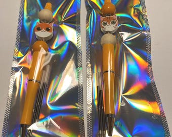 Ballpoint Pens with Orange Cat Head Charm Set
