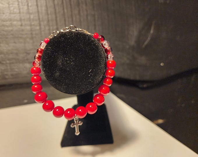 Red Glass Beaded Bracelet with Tiny Cross Charm