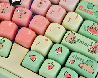 Teclas Cozy Capybara: Juego de teclado mecánico PBT de sublimación de tinta con perfil MOA de 120 teclas