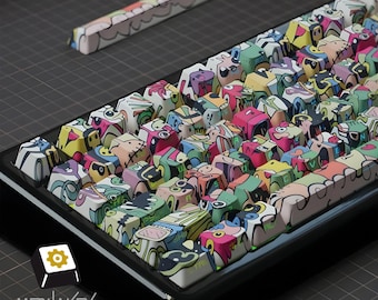 ¡EDICIÓN LIMITADA! Teclas Graffiti Verse: Juego de 134 teclas con perfil Cherry, impresión lateral translúcida PBT por sublimación de tinta para teclados mecánicos.