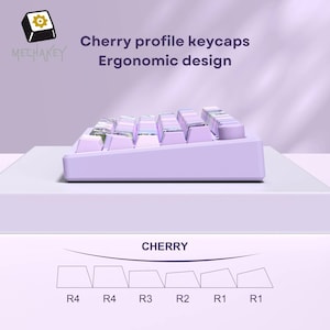May include: A lavender mechanical keyboard with Cherry profile keycaps and an ergonomic design. The keyboard has a white base and a diagram of the Cherry keycap profile.