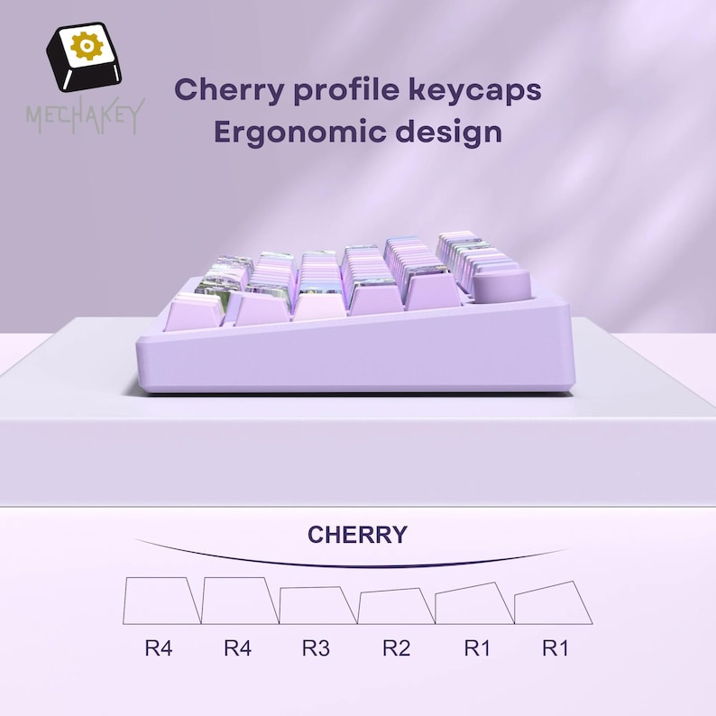 May include: A lavender mechanical keyboard with Cherry profile keycaps and an ergonomic design. The keyboard has a white base and a diagram of the Cherry keycap profile.