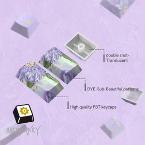 May include: A collection of high-quality PBT keycaps in a soft purple hue. The keycaps feature a floral design with the word "SHIFT" visible. The image also highlights the "double shot-Translucent" and "DYE-Sub-Beautiful patterns" features.