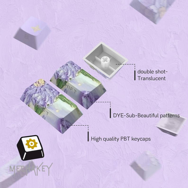 May include: A collection of high-quality PBT keycaps in a soft purple hue. The keycaps feature a floral design with the word "SHIFT" visible. The image also highlights the "double shot-Translucent" and "DYE-Sub-Beautiful patterns" features.