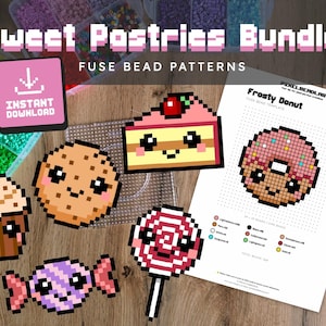 Op de afbeelding: Een verzameling pixel art strijkkralenpatronen met zoete gebakjes. De afbeelding bevat een cupcake, koekje, taartpunt, snoep, lolly en een donut ontwerp. De woorden "Sweet Pastries Bundle" en "Instant Download" zijn ook zichtbaar.