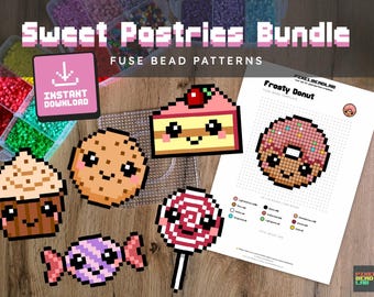 Patrón de Cuentas Fusibles | Pasteles Dulces - 6 Diseños Dulces: Dona, Cupcake, Piruleta, Caramelo, Galleta, Pastel | Descarga Digital en PDF (EE. UU. y A4)